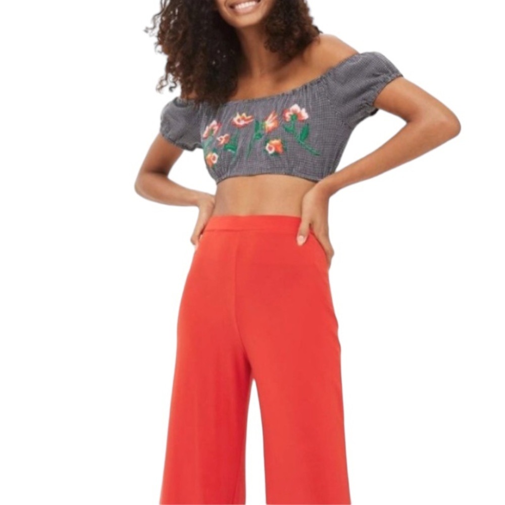 Topshop Check Crop Top 10 Large Black White w Floral Embroidery Off Shoulder NWT